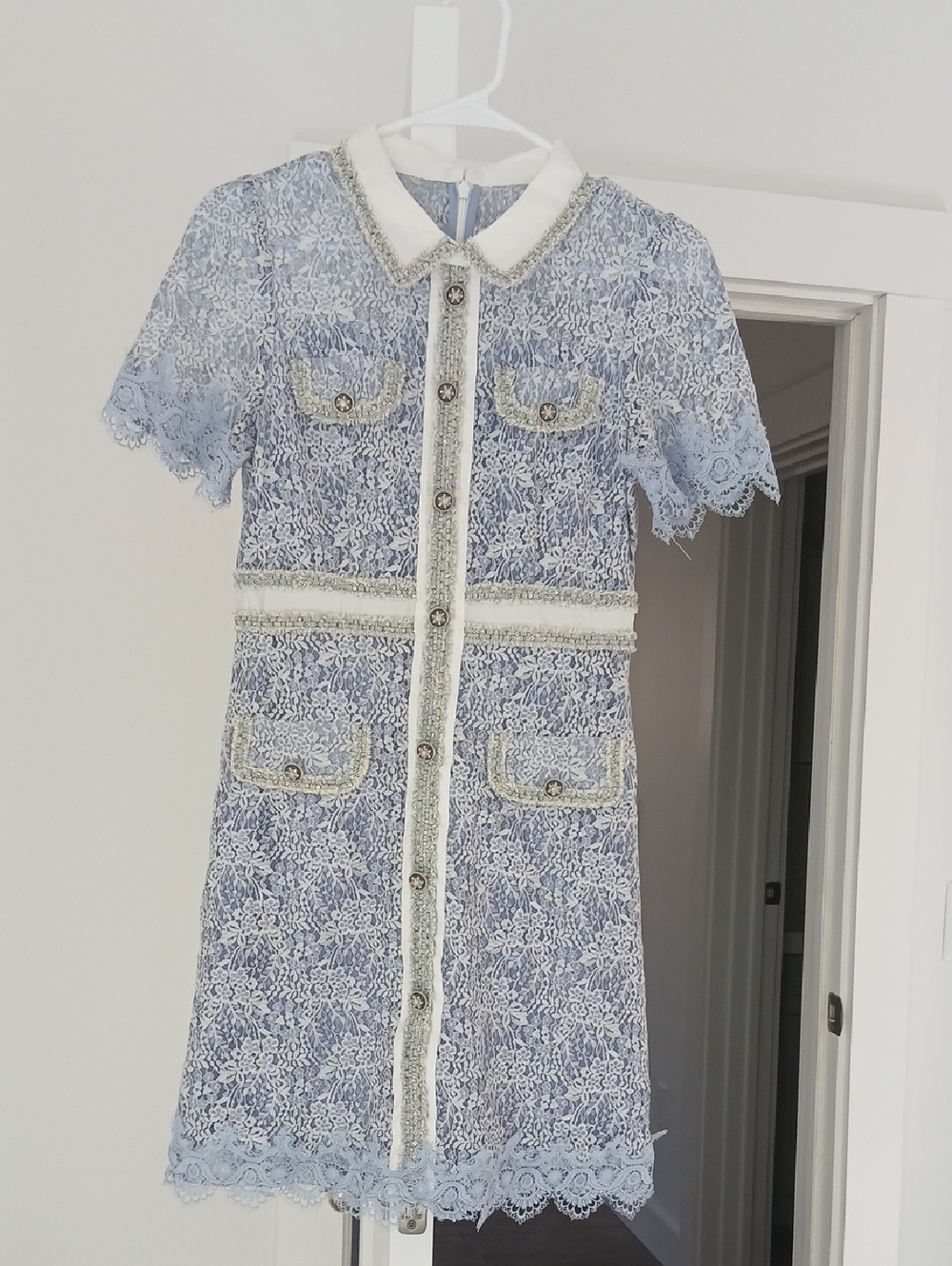 COCO Lace Button-Front Blue Dress with Ivory Trim